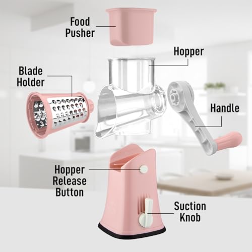Zulay Kitchen Rotary Cheese Grater 5 Blade Cheese Shredder - Manual Hand Crank Cheese Grater With Reinforced Suction & 5 Interchangeable Drums - Easy to Use, Vegetable Chopper Round Mandoline Slicer - color: Peach & White