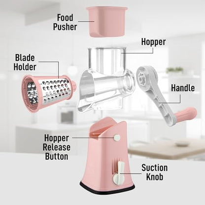 Zulay Kitchen Rotary Cheese Grater 5 Blade Cheese Shredder - Manual Hand Crank Cheese Grater With Reinforced Suction & 5 Interchangeable Drums - Easy to Use, Vegetable Chopper Round Mandoline Slicer - color: Peach & White