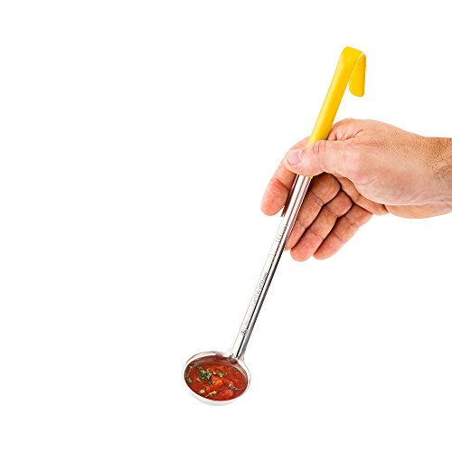 Restaurantware Met Lux 1 Ounce Soup Ladle 1 Hook Handle Serving Spoon - With Yellow Handle Dishwashable Stainless Steel Cooking Ladle For Pouring And Cooking Perfect for Soup Chilli Or Batter - size: 1 oz