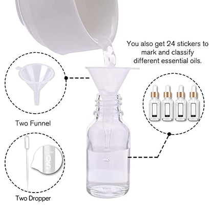 PrettyCare Glass Eye Dropper Bottles 24 Pack, 0.5oz (15ml) Clear Empty Thick Bottles Bulk with Leakproof Golden Caps - With Labels & Funnels for Storage, Travel, Essential Oils, Cuticle, Tinctures - color: 0.5oz Clear, style: 24 Pack