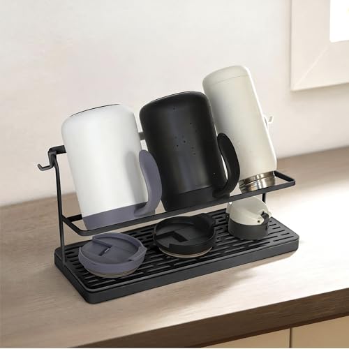 2-Tier Water Bottle Drying Rack for Countertop - Large Carbon Steel Cup Mug Organizer with Removable Drain Tray (Black) - color: Black