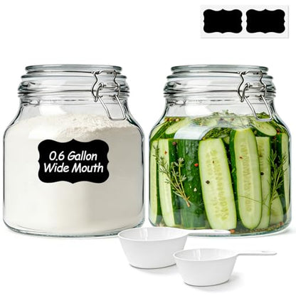0.6 Gallon 2 Pack Wide Mouth Glass Jars with Airtight Lid – Includes 1 Cup & 0.5 Cup Measuring Scoops & Labels, Ideal for Flour, Sugar, Coffee, Cereal, Rice & Dry Goods | Thick Glass, BPA-Free