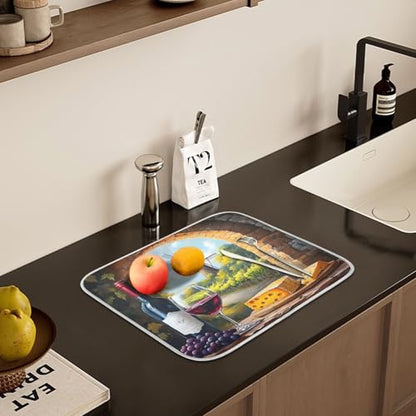 Red Wine Glasses with Grape Cheese Farm Dish Drying Mats for Kitchen Counter Absorbent Microfiber Dish Drying Matt 16 x 18 Inch Draining Reusable Rack Pad - size: 16x18in