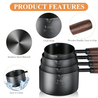 4Pcs Measuring Cups with Wooden Handle, Black Stainless Steel Measuring Cups Scoops Set, Dog Food Scoop for Kitchen Flour Spice Seasoning Measurement Cooking (1, 1/2, 1/3, 1/4 Cup)