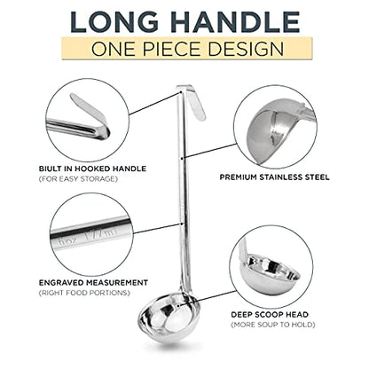 Fit Meal Prep Stainless Steel Soup Ladle One-Piece Sauce Spatula with Hook Handles, Commercial Grade Serving Spoon, Kitchen Tool for Restaurant or Home Cooking [Pack of 4] - 2oz, 4oz, 6oz, 8oz - size: 2oz 4oz 6oz 8oz