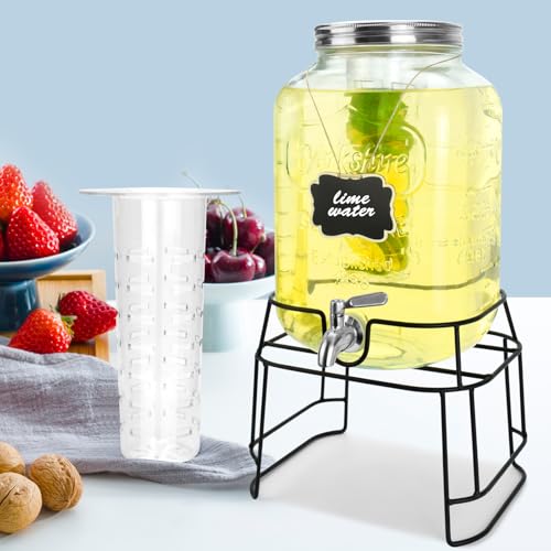 2 Gallon Glass Drink Dispensers For Parties,Beverage Dispensers With Stand And 100% Leakproof Stainless Steel Spigot.Glass Water Jug Dispenser,Lemonade Dispenser,Mason Jar. - size: 2 Gallon Single With Stand