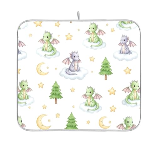 Cartoon Dragons Tree Star Dish Drying Mat for Kitchen Counter Super Absorbent Draining Mat with Non-slip Backed Sink Tray Mat for Sinks Countertops Draining Racks Dish Bottles Cups Bowl