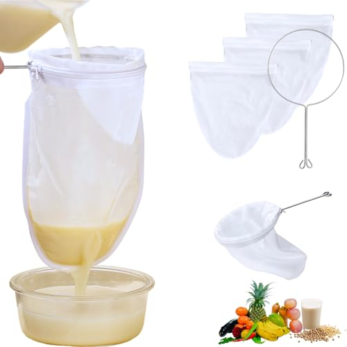 Ultra Fine Reusable Filter Bags, Cheesecloth Strainer Bag with Handle, Fine Mesh Strainer Bags for Nut Milk, Fresh Cheese, Juice, Tea, Coffee, Butter (Medium Strainer Bag*3 + Handle*1) - size: Medium Strainer Bag*3 + Handle*1