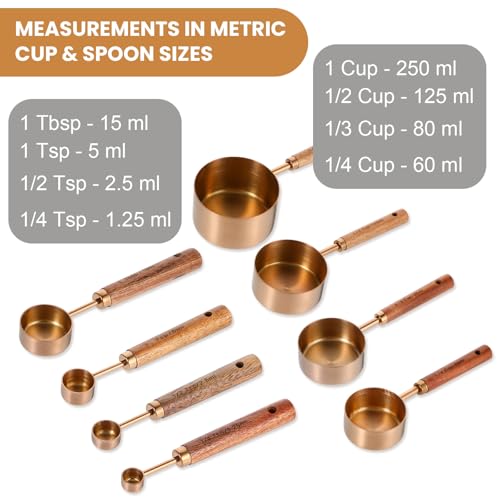 8-Piece Stainless Steel Measuring Cups and Spoons Set - Rose Gold Baking Measuring Cups and Spoons Set with Wooden Handles for Cooking & Baking (US & Metric Measurements)