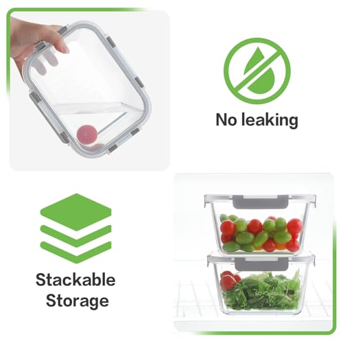 HOMBERKING 4 Pieces 63oz/8cup Large Glass Food Storage Containers with Lids, Meal Prep Containers, Airtight Bento Boxes with Leak Proof Locking (2 Containers 2 Lids), Microwave,Oven,Fridge Safe-Grey - color: Grey, size: 2 Sets
