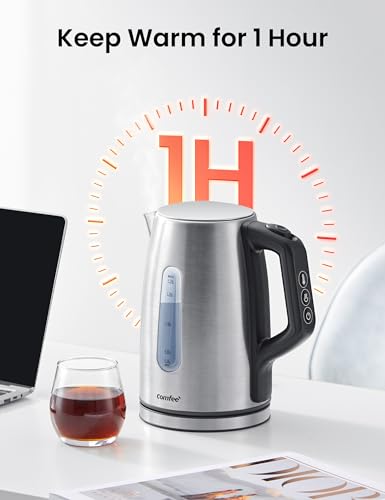 COMFEE' Stainless Steel Electric Kettle, Temperature Control with 6 Presets, 1-Hr Keep Warm, Kettle Water Boiler 1.7 Litres, 1500W with Viewing Window, Auto-Off and Boil-Dry Protection - color: Silver Digital, size: 1.8 Quarts