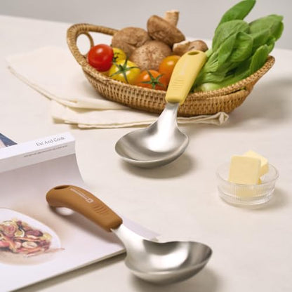 Short Stainless Steel Ladle 220mm (8.6”) – SUS304 Thick Deep Bowl Head with Soft-Grip Silicone Handle – Lightweight Mini Soup & Serving Spoon for Cooking – 5 Color Options (Yellow) - color: Yellow