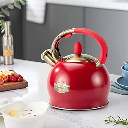 SUSTEAS Stove Top Whistling Tea Kettle - Food Grade Stainless Steel Teakettle Teapot with Cool Touch Ergonomic Handle, With 1 Silicone Pinch Mitt Included, 2.64 Quart(RED) - color: Red