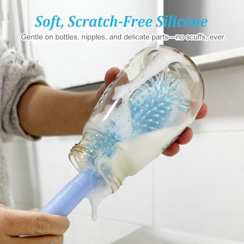 Blue Travel Bottle Cleaner Kit with Drying Rack – 6-in-1 Baby Bottle Washer & Silicone Brush Set for Pump Parts, Nipples & Straws – Portable Baby Travel Essential in Compact Case - color: Blue