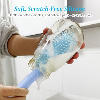 Blue Travel Bottle Cleaner Kit with Drying Rack – 6-in-1 Baby Bottle Washer & Silicone Brush Set for Pump Parts, Nipples & Straws – Portable Baby Travel Essential in Compact Case - color: Blue