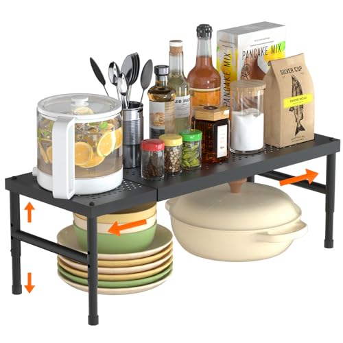 HI NINGER Expandable adjustable stackable kitchen organizer,Spice Racks,Counter Shelf for Cabinets,Small Cupboard Organizers,Heavy Duty Metal Pantry Storage Shelves Racks for kitchen,cabinet - color: Black
