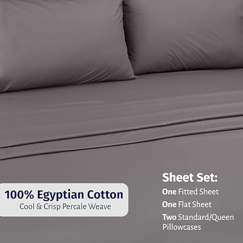 California Design Den Queen Size Sheet Set - Certified 100% Egyptian Cotton Queen Size Percale Sheets with Deep Pockets, Lightweight, Crisp, Durable Luxury Bedding Set - Grey - color: Grey, size: Queen