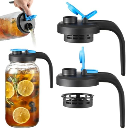UPGRADED- Mason Jar Pour Spout Lids with Detachable Filters for Wide Mouth Mason Jars - 2 Pack Flip Top Pitcher Lids with Handle for Ball & Others- Airtight Seal Cover Cap, Dishwasher Safe, Food Grade