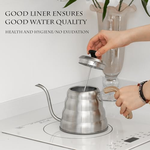 304 Stainless Steel Pouring Over Coffee Kettles with Thermometers and Wood Handle for Temperature Control Rustless Swanneck Coffeepot - color: Silver