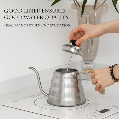 304 Stainless Steel Pouring Over Coffee Kettles with Thermometers and Wood Handle for Temperature Control Rustless Swanneck Coffeepot - color: Silver