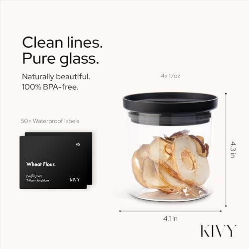 KIVY Airtight Glass Jars with Lids & Labels [4x 17oz] Stackable Glass storage jars with airtight lids - Black Glass Jars with airtight lid - Food Glass canisters with transparent lids - size: 17oz * 4