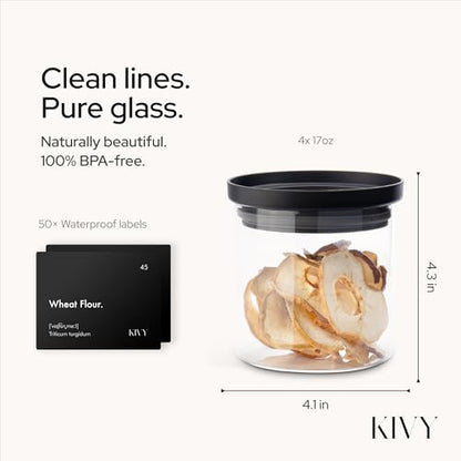 KIVY Airtight Glass Jars with Lids & Labels [4x 17oz] Stackable Glass storage jars with airtight lids - Black Glass Jars with airtight lid - Food Glass canisters with transparent lids - size: 17oz * 4