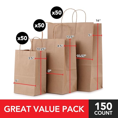 Stock Your Home Brown Kraft Paper Bags with Handles Variety Pack (150 Count), Recycled Paper Bags for Small Business Owners, Crafts, Christmas Gifts, and More, Bulk Pack - size: Variety Pack