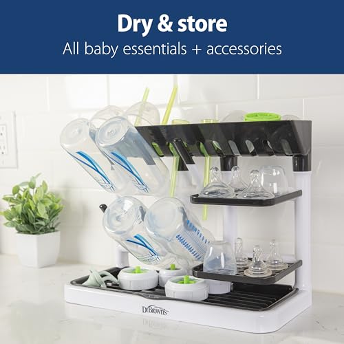 Dr. Brown's Drying Tower, Stand-Up Drying Rack, Countertop Baby Bottle Drying with Organized Storage for Baby Essentials, Space Saving Vertical Rack, Black/White - style: Stand-Up Drying Rack