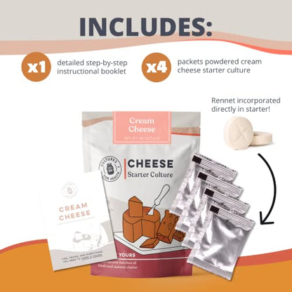 Cultures for Health Cream Cheese Starter Culture | 4 Non-GMO Direct-Set Packets & 2 Vegetable Rennet Tablets | DIY Creamy Spread for Bagels, Appetizers, Dips & Cupcake Frosting