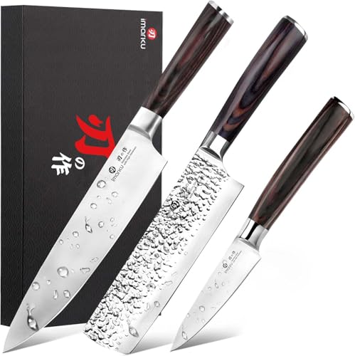 imarku 3 Pieces Knife set, Japanese HC Stainless Steel Kitchen Knife Set, Professional Chef Knife Set With Ergonomic Pakkawood Handle, Ultra Sharp Knives Set for Kitchen & Home Cooking, Gifts Box - color: Red-brown