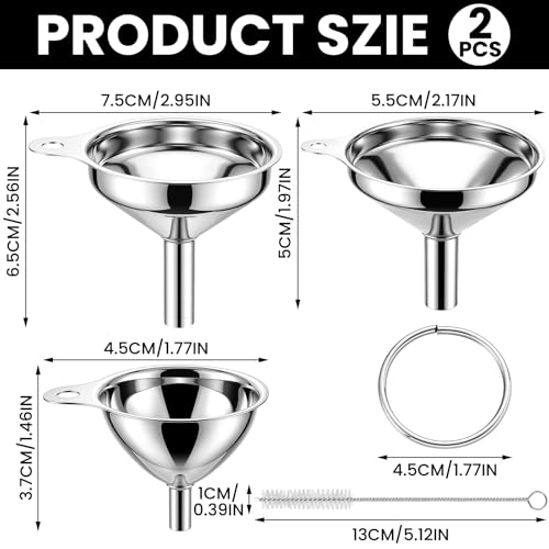Mifoci 6 Pcs Stainless Steel Funnels for Kitchen Use Filling Bottles 3 Sizes Mini Metal Funnels Food Grade for Liquids, Oils, Powders & Spices Includes 2 Cleaning Brushes Hanging Rings Easy Storage