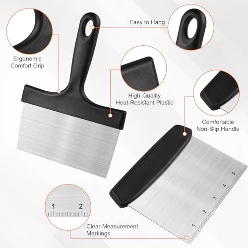 Grill Scraper&Bench Scraper Set，Food Scraper with Handle for Blackstone, Flat Top Grill Cleaning，Premium Stainless Steel Dough Cutter with Measuring Scale for Pastry,Cake,Pizza,Bread,Cooking - style: Grill Scraper&Bench Scraper Set