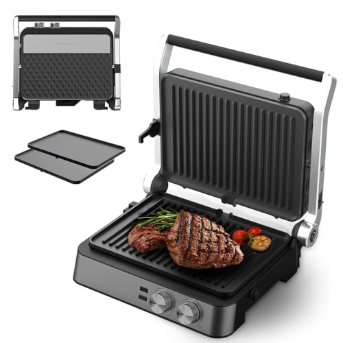 Panini Press,4 Slices Contact Grill with Removable Non-Stick Coated Grill and Flat Plates,Panini Makers with Temperature Control and Timer,Open 180 Degrees,Grill and Griddle (Half black with sus) - color: Half black with sus