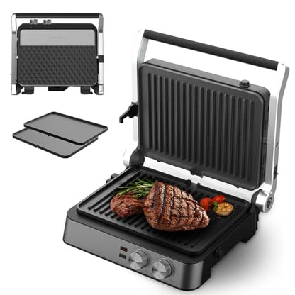 Panini Press,4 Slices Contact Grill with Removable Non-Stick Coated Grill and Flat Plates,Panini Makers with Temperature Control and Timer,Open 180 Degrees,Grill and Griddle (Half black with sus) - color: Half black with sus