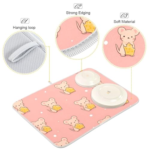 Cute Mouse Holding Cheese Dish Drying Mat for Kitchen Counter Super Absorbent Dishes Pad Reversible Microfiber Protector Dish Draining Mats 16x18 inch - size: 16 x 18 in