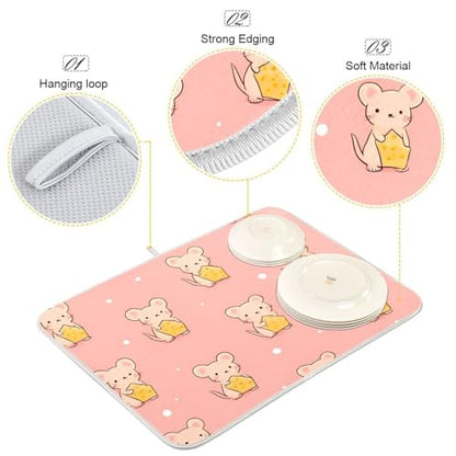 Cute Mouse Holding Cheese Dish Drying Mat for Kitchen Counter Super Absorbent Dishes Pad Reversible Microfiber Protector Dish Draining Mats 18x24 inch - size: 18 x 24 in