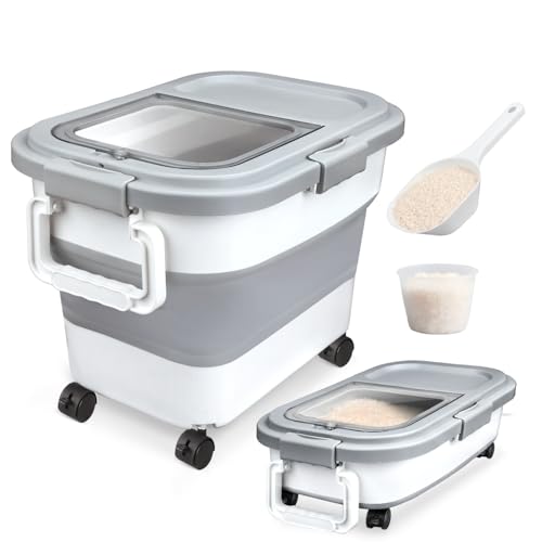 Komzon Rice Storage Container, Collapsible Airtight Food Storage Containers 20-30 Lbs, Rice Dispenser Bin with Cup and Scoop for Flour Cereal Pasta Grain, Cat Bird Pet Dog Food Storage Container - size: 20-30 Lbs