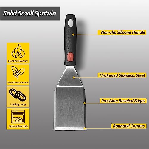 Small Spatula for Cast Iron Skillets, Full Tang silicone Handle, Heat Resistant, Commercial Grade Heavy Duty Turner, Press Burger Spatula Turner for Flipper, Cooking, Serving, 2.7" Wide - size: 2.7" x 3.7"
