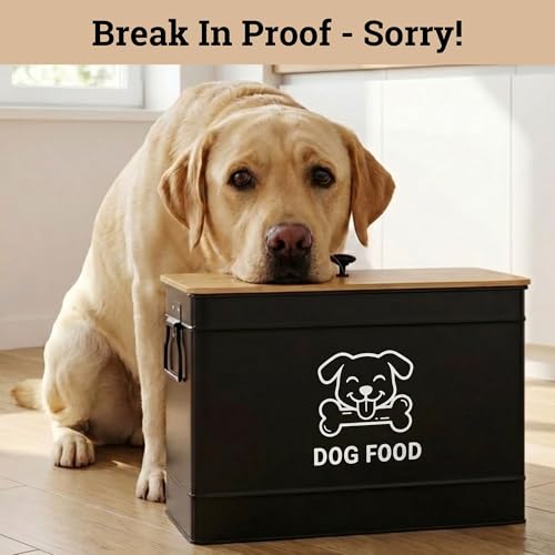 Dog Food Container Airtight 15 lb (50 Cup) Capacity with Metal Scoop - Cute Airtight Dog Food Storage Container with Bamboo Lid - Black Metal Kibble Storage Bin for Dogs up to 100 lbs - Big Pet Jar - color: Black