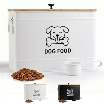 Dog Food Container Airtight 15 lb (50 Cup) Capacity with Metal Scoop - Cute Airtight Dog Food Storage Container with Bamboo Lid - White Metal Kibble Storage Bin for Dogs up to 100 lbs - Big Pet Jar - color: White