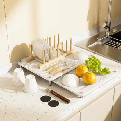 VERIFOST Nested Dish Drying Mat with Bamboo Rack for Dishes, 2Pcs Diatomaceous Earth Stone, Fast Stone Drying Mat for Kitchen Counter with Non-slip Feet, Pearl - color: Bamboo Rack Pearl