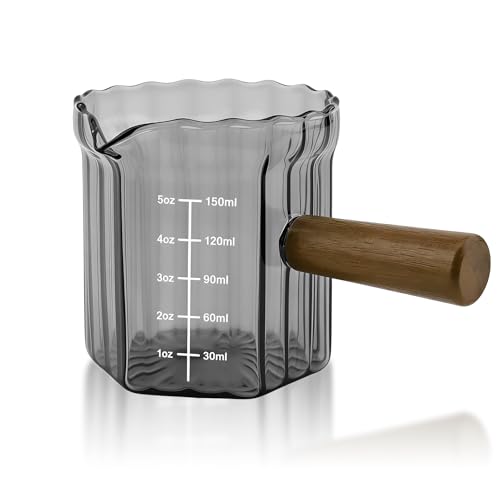 Espresso Measuring Cup 5 Oz, Espresso Glass Cups with Wood Handle, Milk Frothing Cup, Espresso Cup for Coffee, Milk, Tea or Maple Syrup Serving (Gray, 5 oz) - color: Gray, size: 5 oz