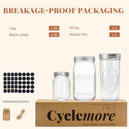 CycleMore Mason Jars Bundle, 12 Pack J Canning Jars With Bands and Lids, Ideal for Jam, Honey, Wedding/Shower Favors, DIY & Oats - 32 OZ x 4, 24 OZ x 4, 16 OZ x 4 (16oz - 24oz - 32oz) - size: Mixed Size Bundle