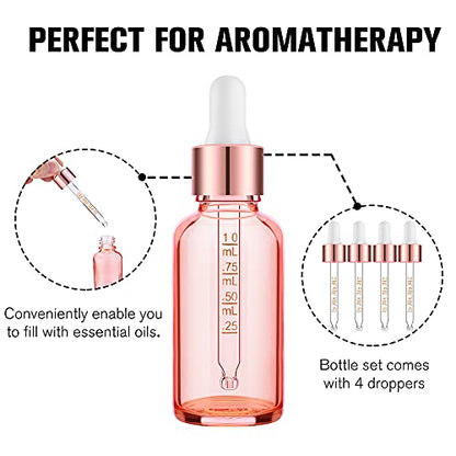 PrettyCare 4 Pack 1oz Dropper Bottles for Essential Oils with Labels, Funnel & Measured Pipettes, 30 ml Leak Proof Rose Glass Essential Oils Bottles- Empty Tincture Bottles for Personal Care & Beauty - color: 1oz Rose, style: 4 Pack