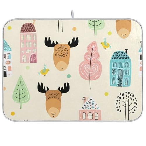 Moose Tree House Beige Dish Drying Mat for Kitchen Counter Super Absorbent Draining Mat with Non-slip Backed Coffee Mat for Dish Cups Bowl Bottles Countertops Sinks Draining Racks