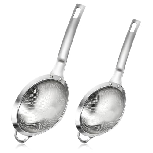 2 Packs Punch Hole Sieve Fine Mesh Stainless Steel Mesh Strainer Small Colander Strainer with Handle Metal Mini Sifter Set for Kitchen Baking Straining Flour Quinoa Tea Juice