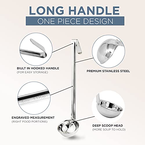 Fit Meal Prep Stainless Steel Soup Ladle - One-Piece Sauce Spatula with Hook Handles, Commercial Grade Serving Spoon, Kitchen Tool for Restaurant or Home Cooking, 13.75” Long - [Pack of 2] 4 Oz - size: 4 oz