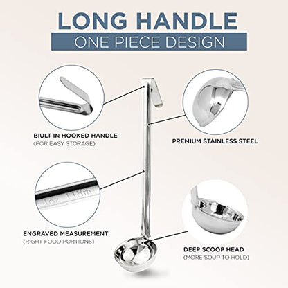 Fit Meal Prep Stainless Steel Soup Ladle - One-Piece Sauce Spatula with Hook Handles, Commercial Grade Serving Spoon, Kitchen Tool for Restaurant or Home Cooking, 13.75” Long - [Pack of 2] 4 Oz - size: 4 oz
