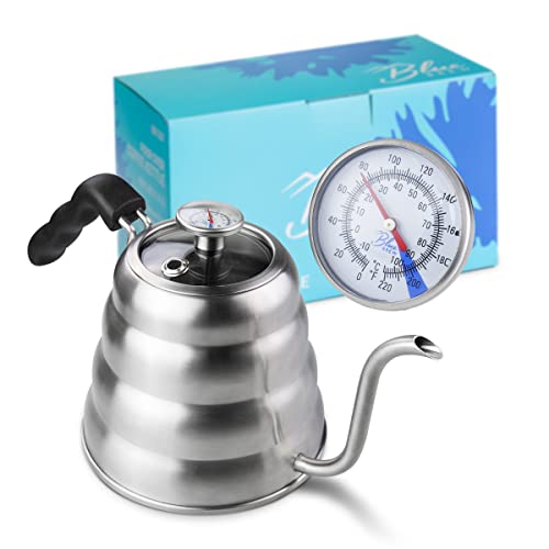Blue Brew Gooseneck Kettle Stovetop, Tea Pot with Thermometer, 40oz Pour Over Coffee Maker for Coffee & Tea, Stainless Steel Coffee Kettle, Compatible with Electric Stove & Gas Stove (BB1201)