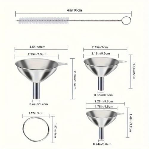 Metal Stainless Steel Funnel, Large Medium Small Funnel Set of 3, Food Grade Mini Funnels for Kitchen Use Filling Bottles Flask Cooking, 1 Brushes